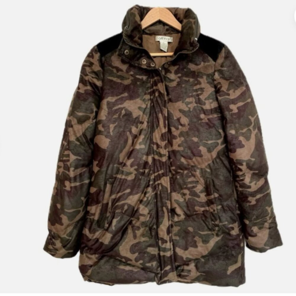 Orvis Down Jacket Camo Pattern Hooded Winter Puff… - image 1
